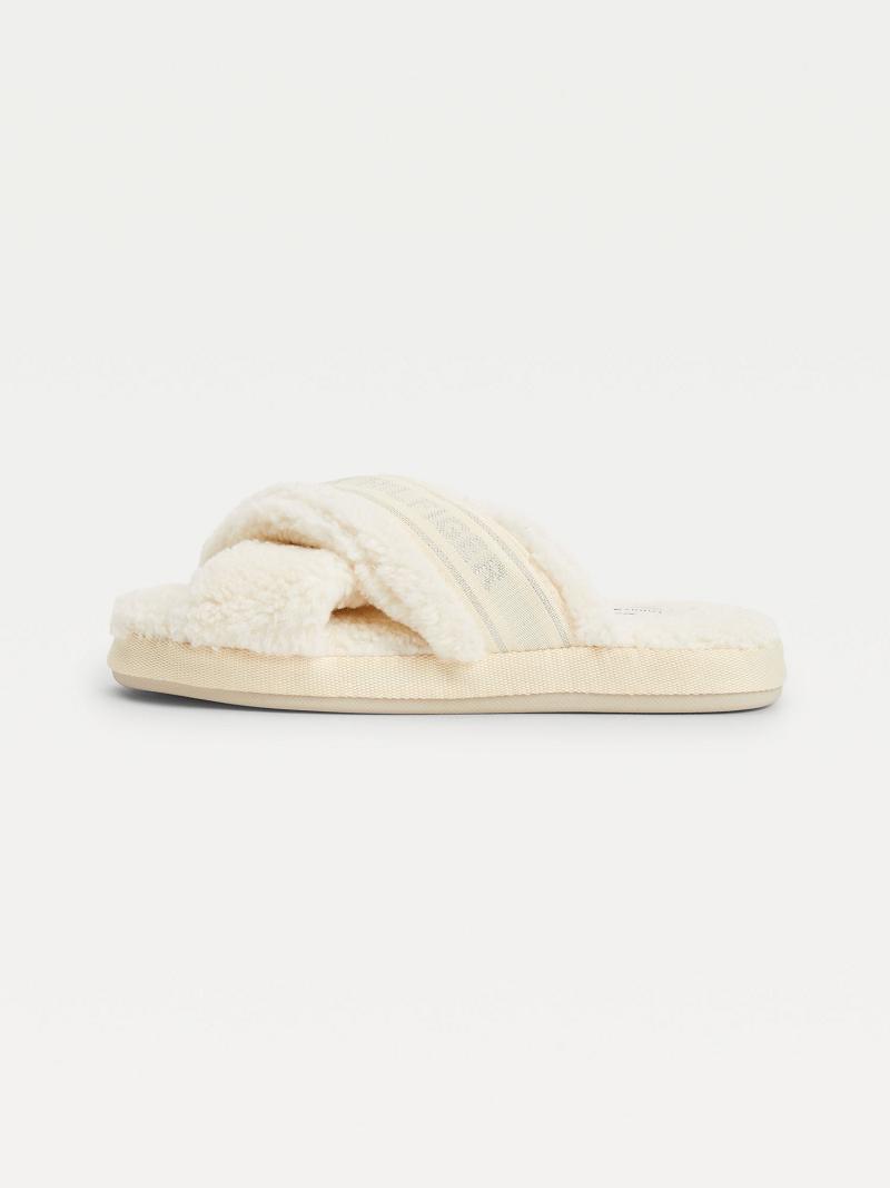 Női Tommy Hilfiger Crisscross Sherpa Papucs Slide Fehér | HU 615CTV